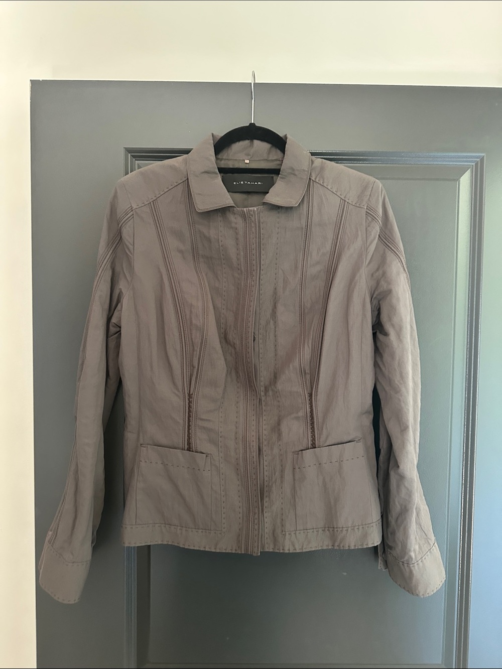 Elie Tahari Taupe-Gray Zip Front Utility Jacket